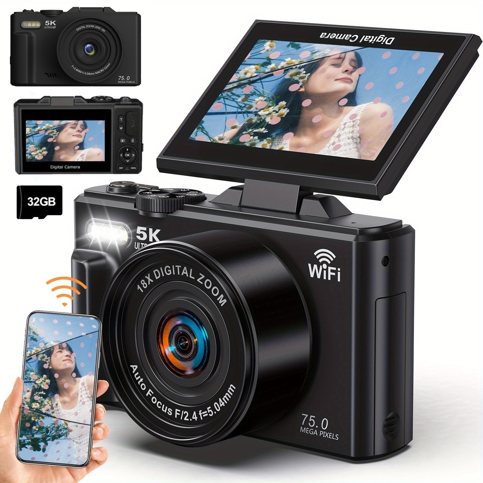Cámara 5K Digital Fotografíca 75MP con Pantalla Giratoria