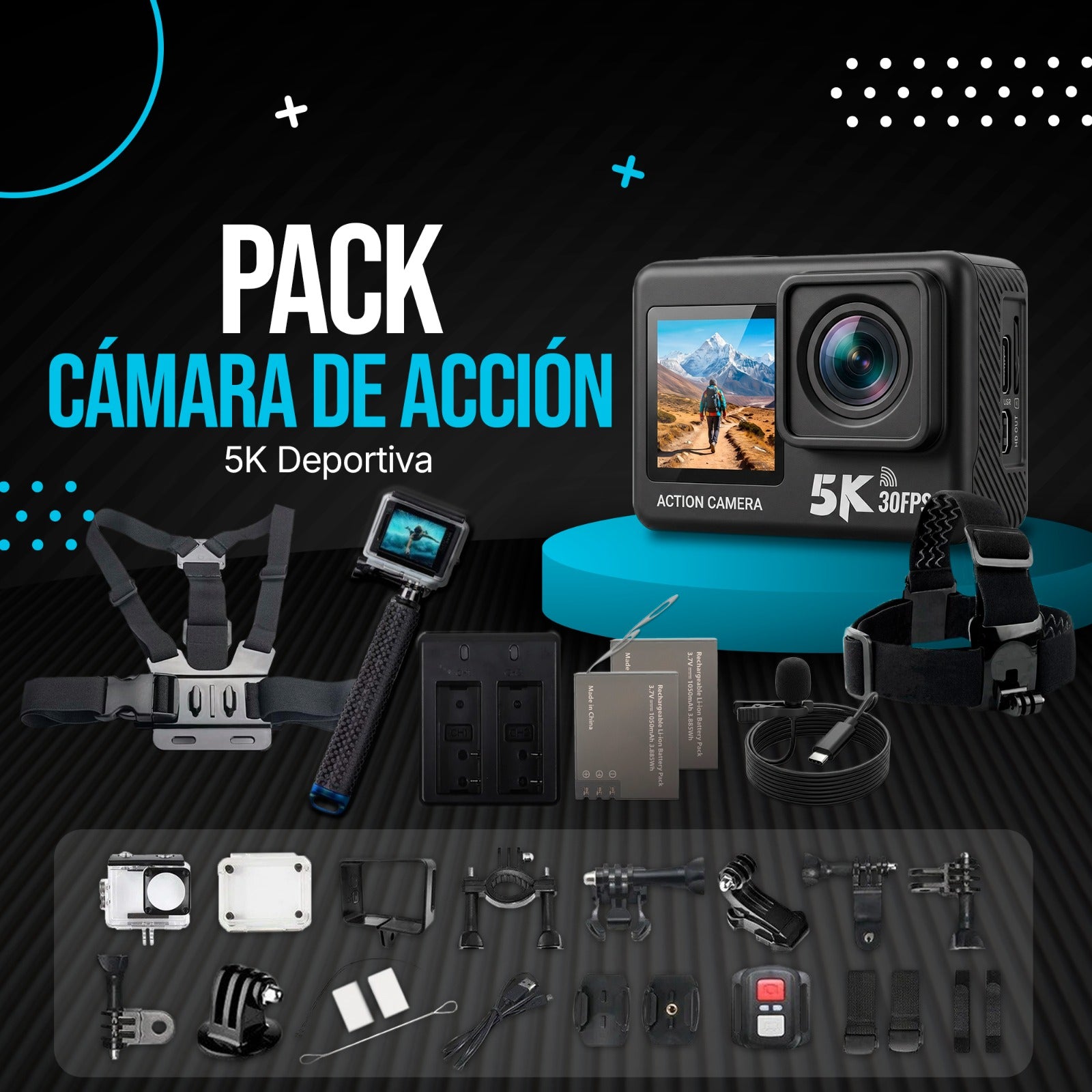 Cámara Deportiva 5K WiFi + Arnés Pecho, Cabeza + Trípode
