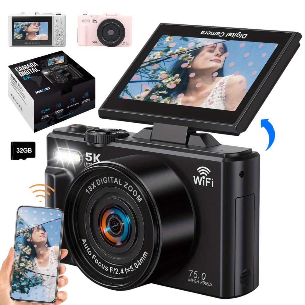 Cámara 5K Digital Fotografíca 75MP con Pantalla Giratoria