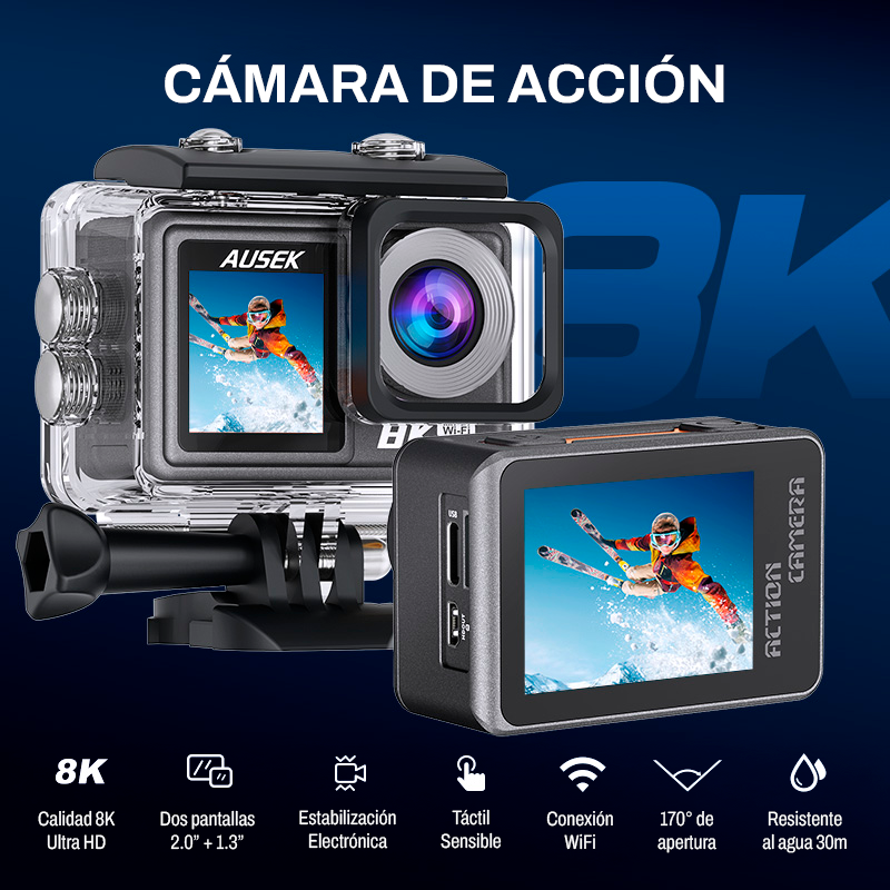 Cámara Acción Ausek 8K 50MP UltraHD Deportiva con Accesorios