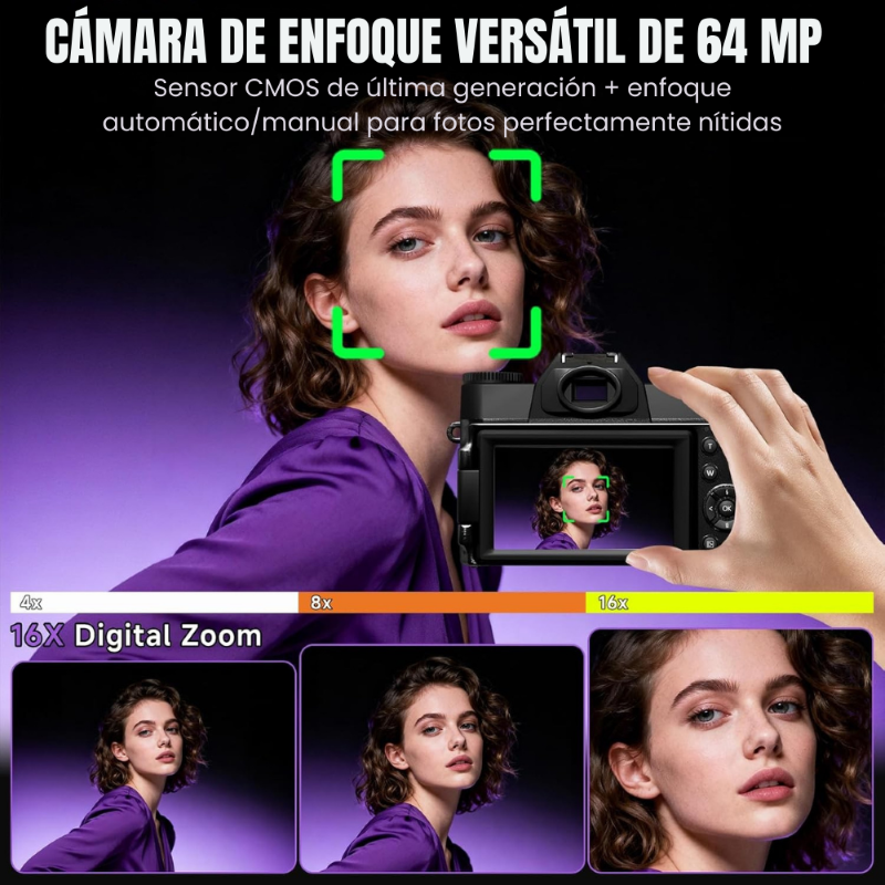 Cámara Digital 6K 64MP Pantalla 180° con WiFi y Zoom 16X