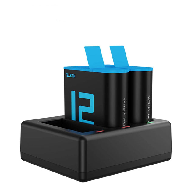 Cargador abierto triple con dos baterías para GoPro Hero 12 - 11 - 10 - 9 - Telesin