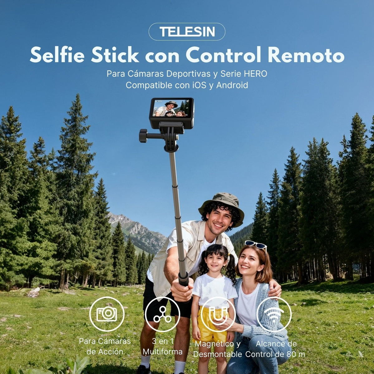 Bastón Selfie Trípode 120cm con Control para Cámara Teléfono