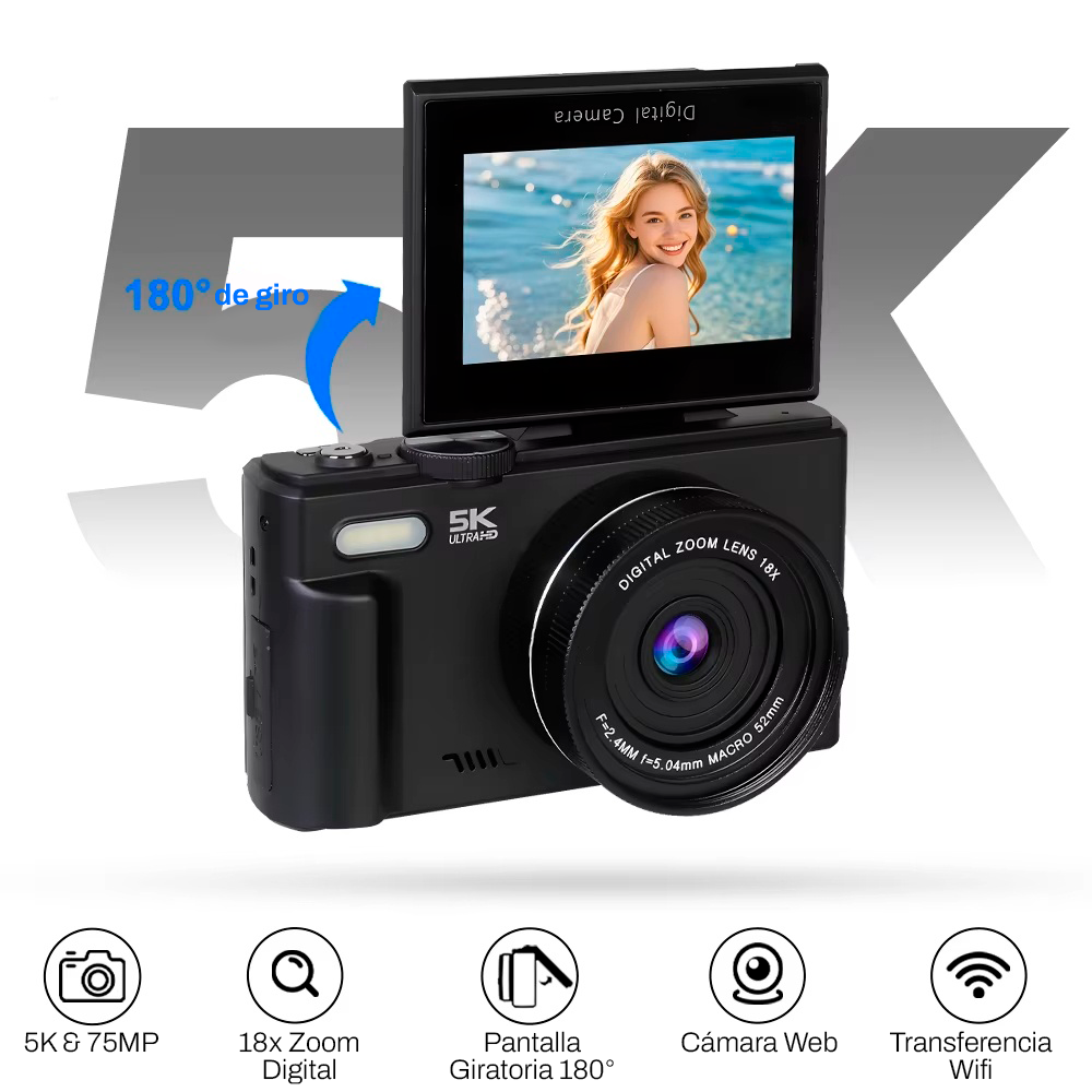 Cámara Digital 5K 75MP INNEDD con Pantalla Giratoria y Wifi