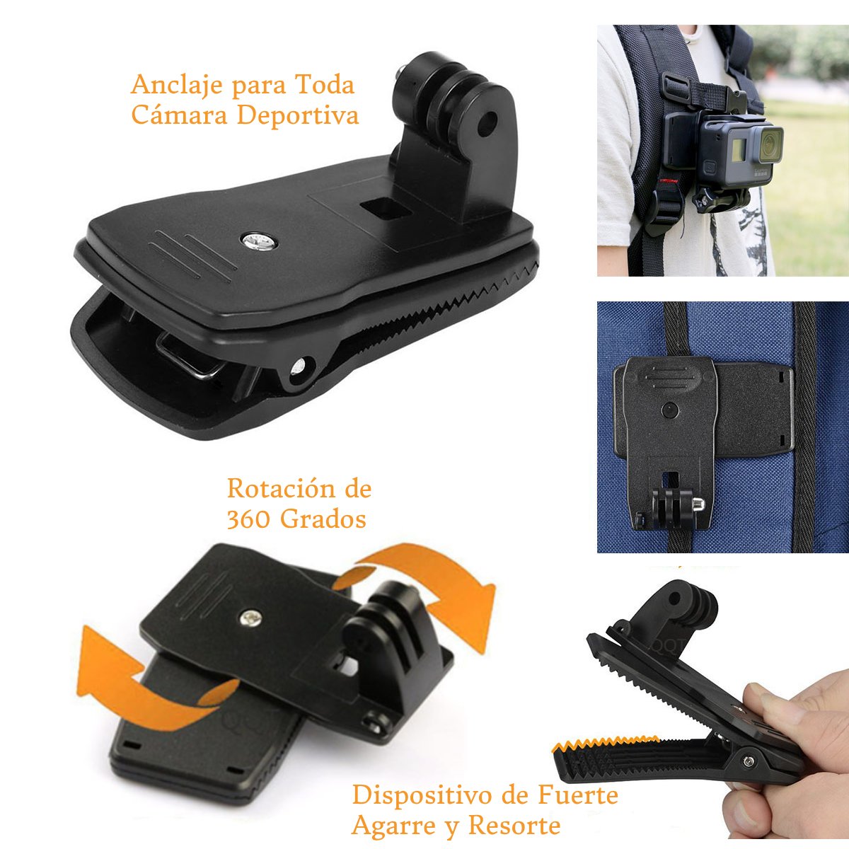 Clip De Mochila Rotatorio 360° Para Cámaras Gopro Y Otras
