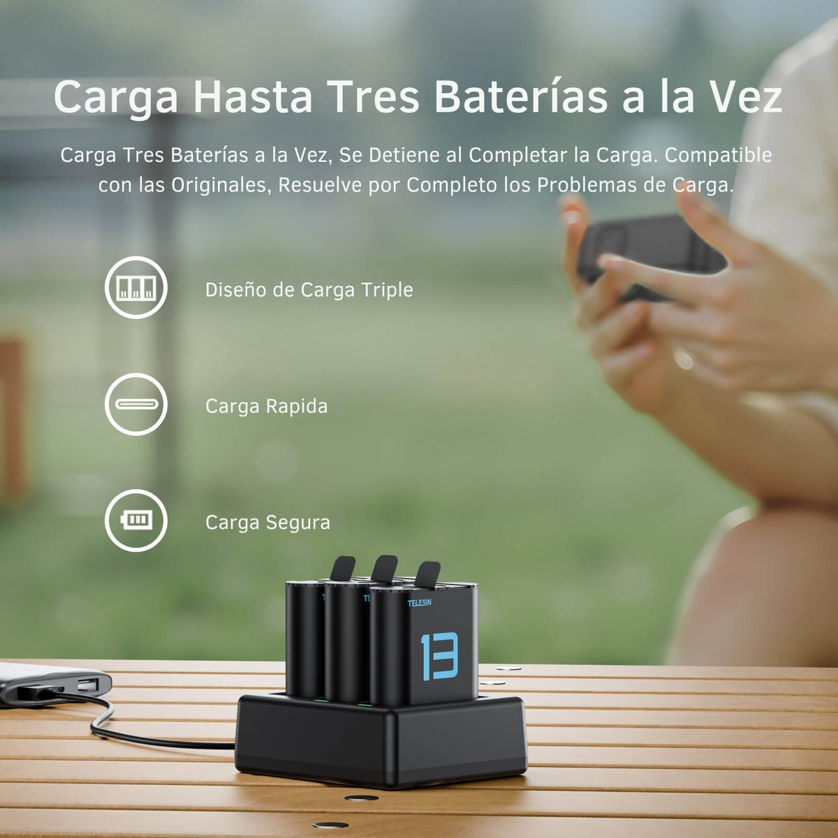 Cargador Triple con 2 Baterias para GoPro 13 Black Telesin