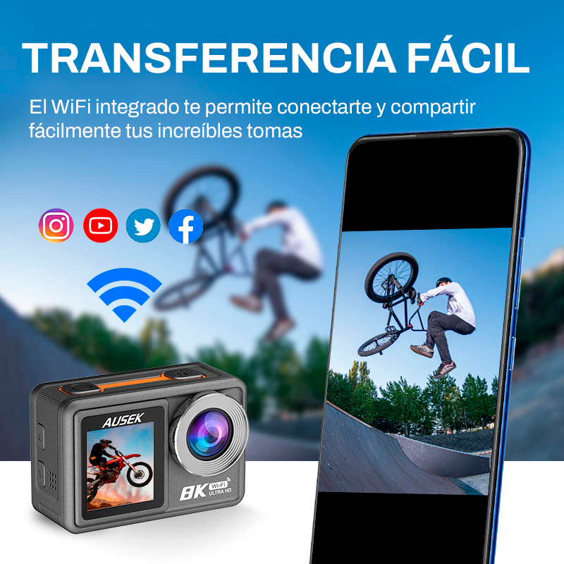 Cámara Acción Ausek 8K 50MP UltraHD Deportiva con Accesorios