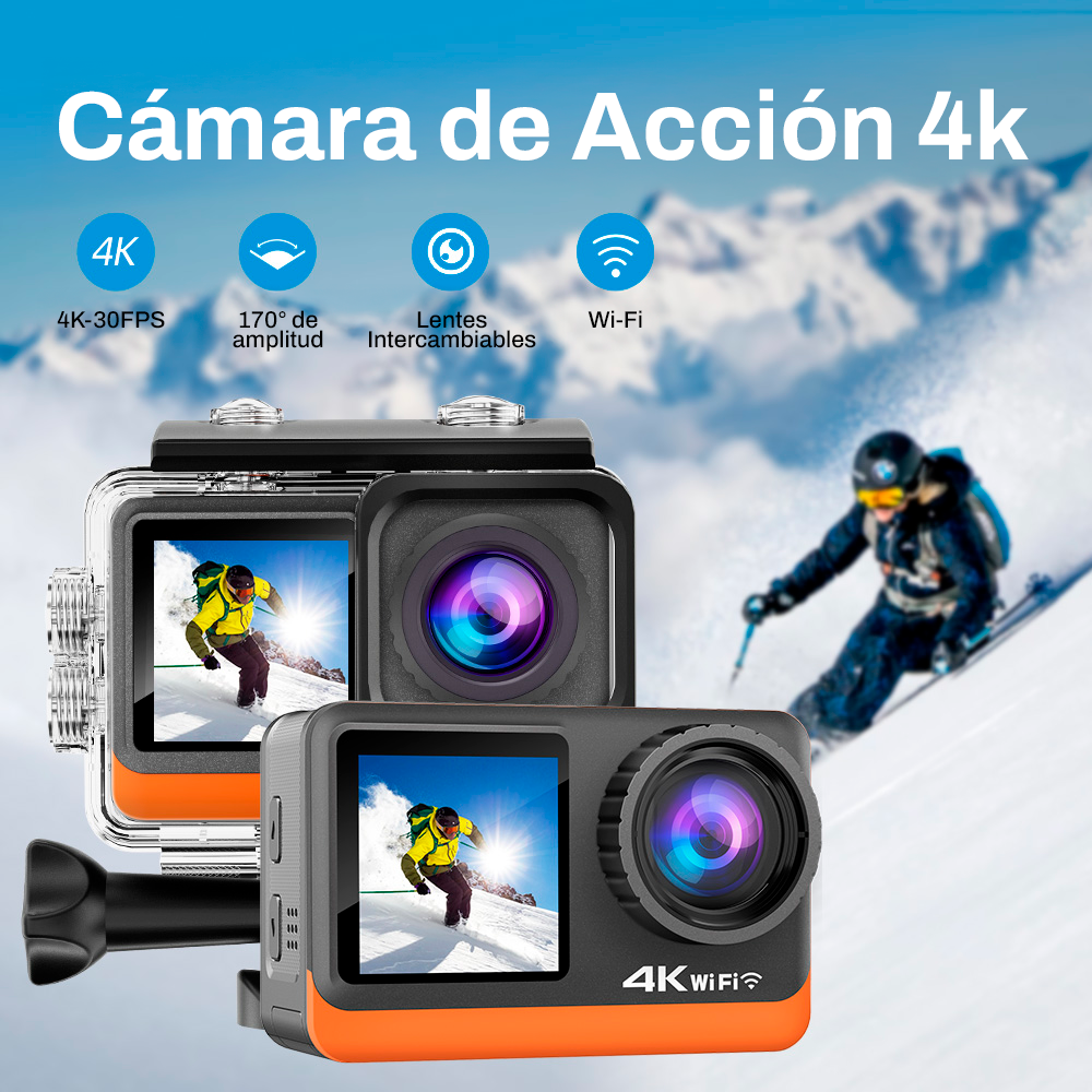 Cámara Acción Ausek 4K 30fps 16MP Deportiva Pantalla Dual