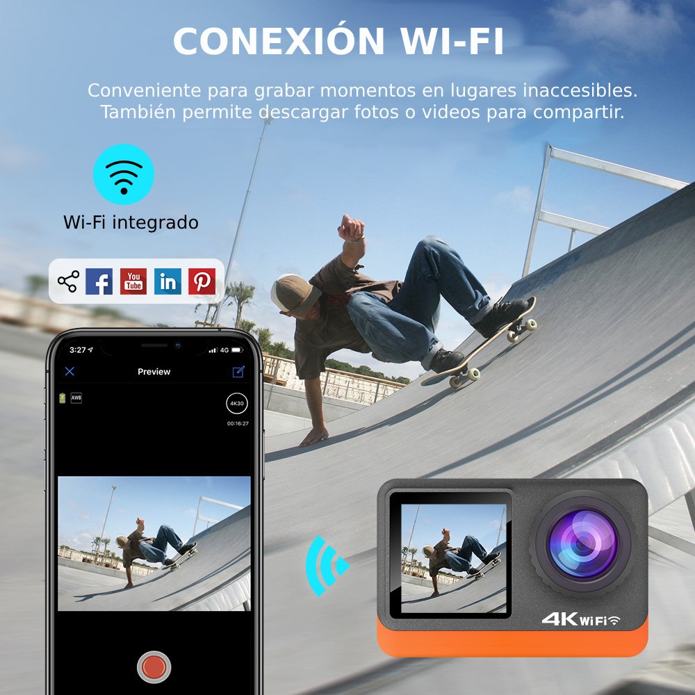 Cámara Acción 4K UltraHD 60fps 24MP con Pantalla Dual Touch