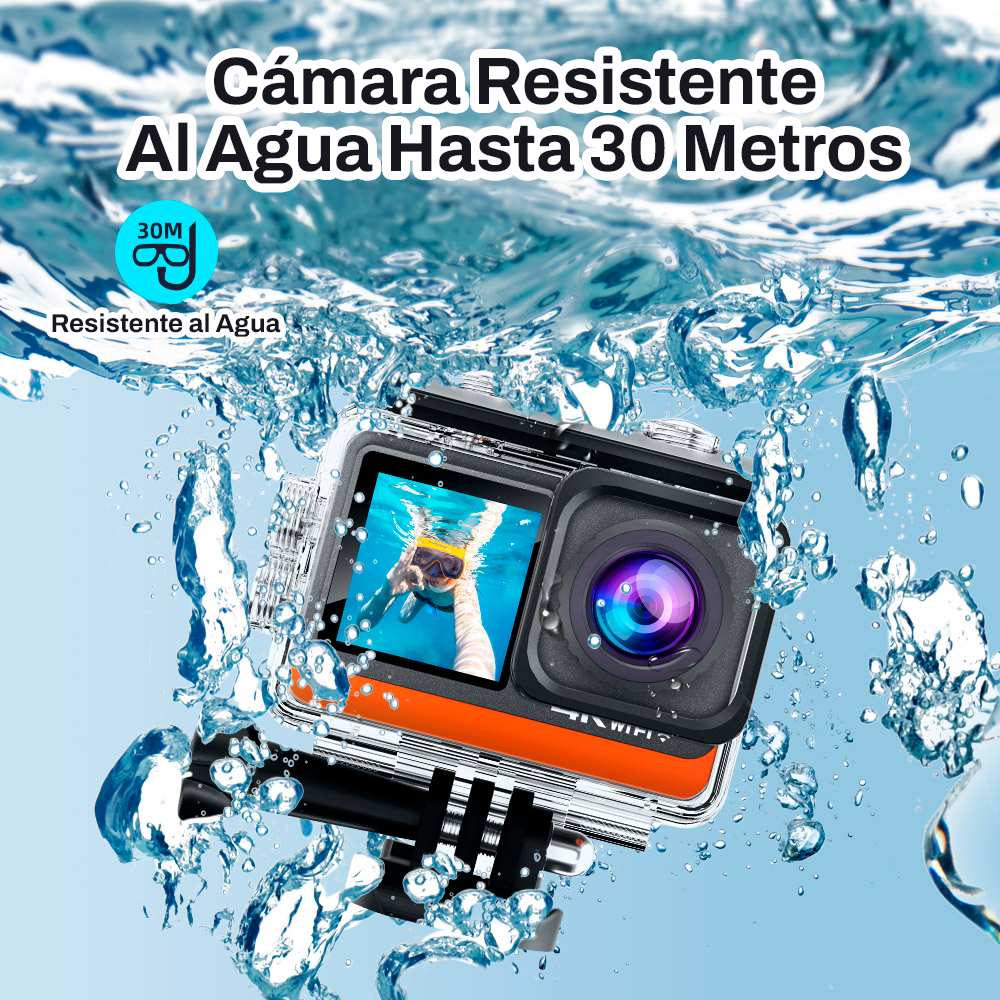 Cámara Acción Ausek 4K 30fps 16MP Deportiva Pantalla Dual