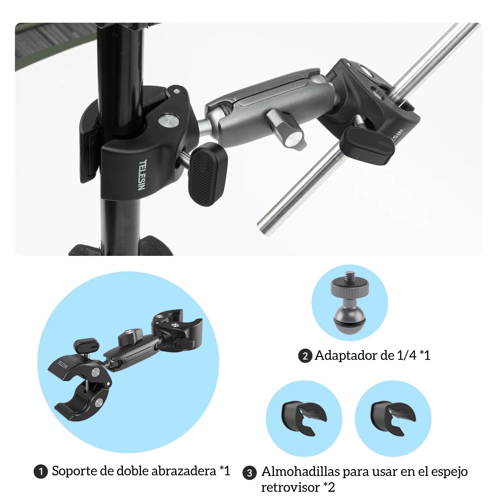 Doble Garra para Moto Bici Tubos con Cámaras GoPro y otras