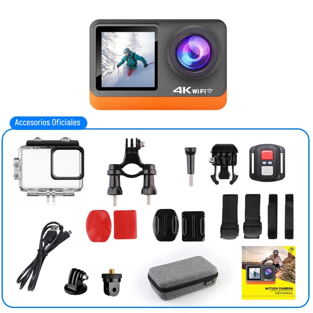 Cámara Acción Ausek 4K 30fps 16MP Deportiva Pantalla Dual