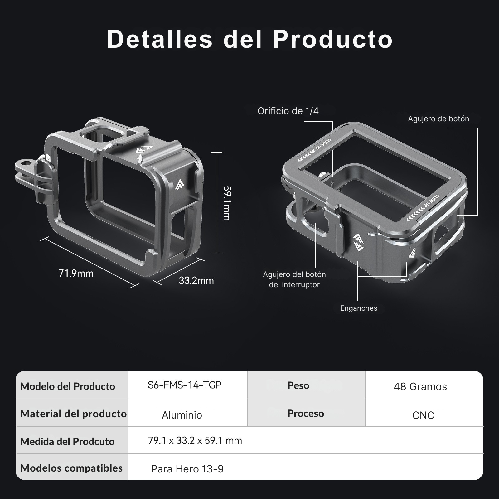 Marco Aluminio para Cámara GoPro 9 10 11 12 13 - Telesin