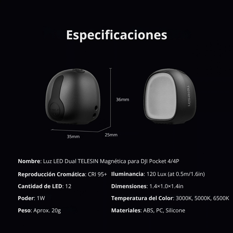 Luz LED Dual Magnética para DJI Pocket 4 / 4Pro - Telesin