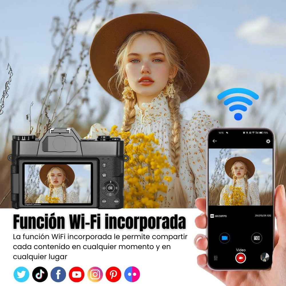 Cámara Digital 6K 64MP Pantalla 180° con WiFi y Zoom 16X