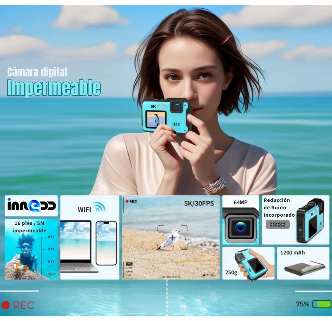 Cámara Sumergible 5K 64MP con WiFi y Doble Pantalla Zoom 16X
