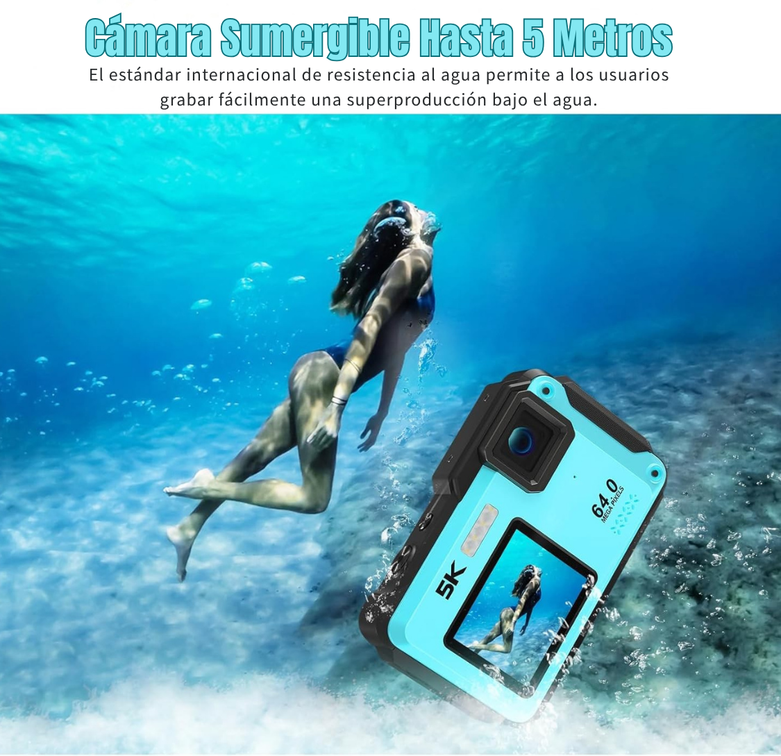 Cámara Sumergible 5K 64MP con WiFi y Doble Pantalla Zoom 16X