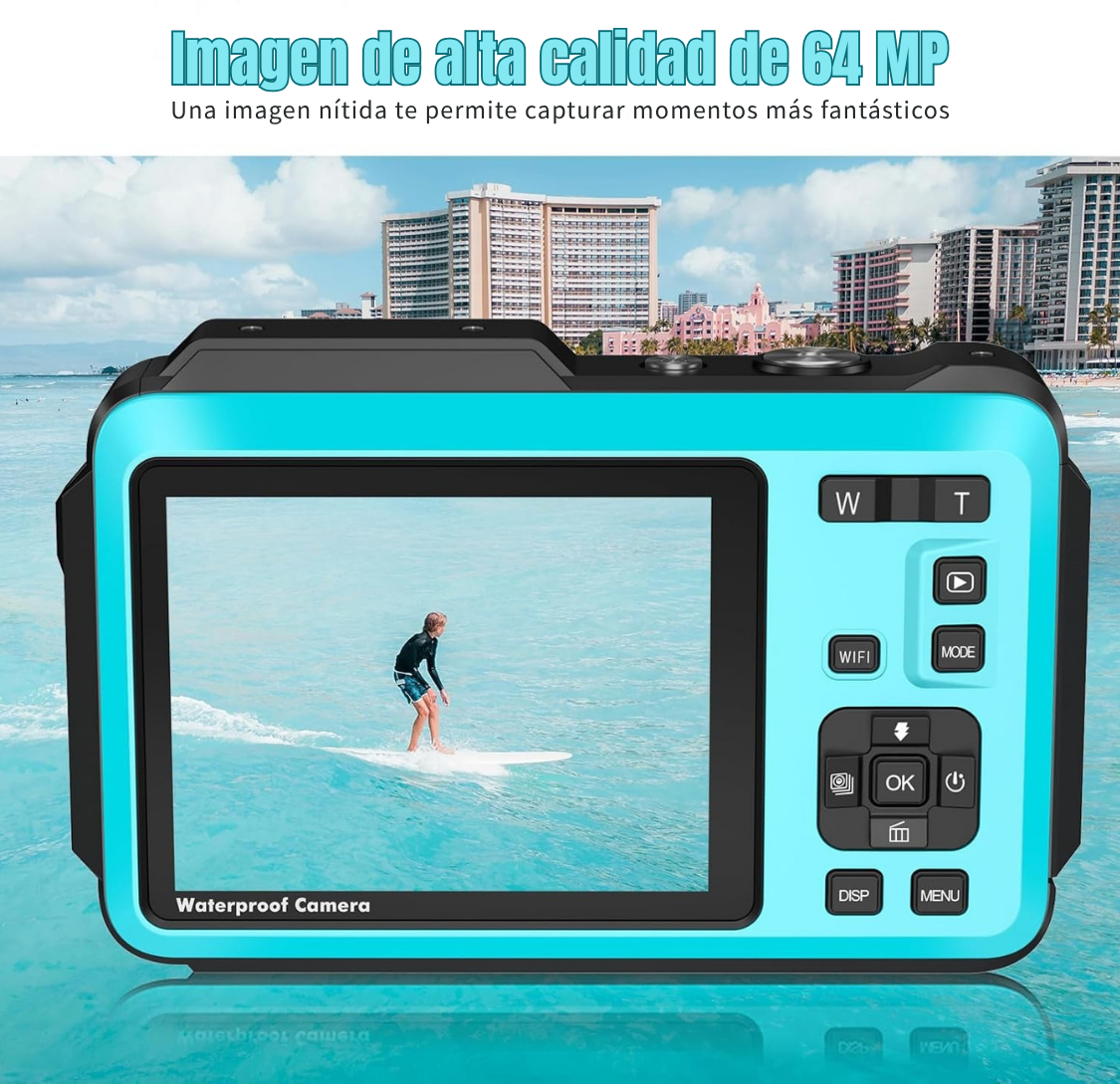Cámara Sumergible 5K 64MP con WiFi y Doble Pantalla Zoom 16X