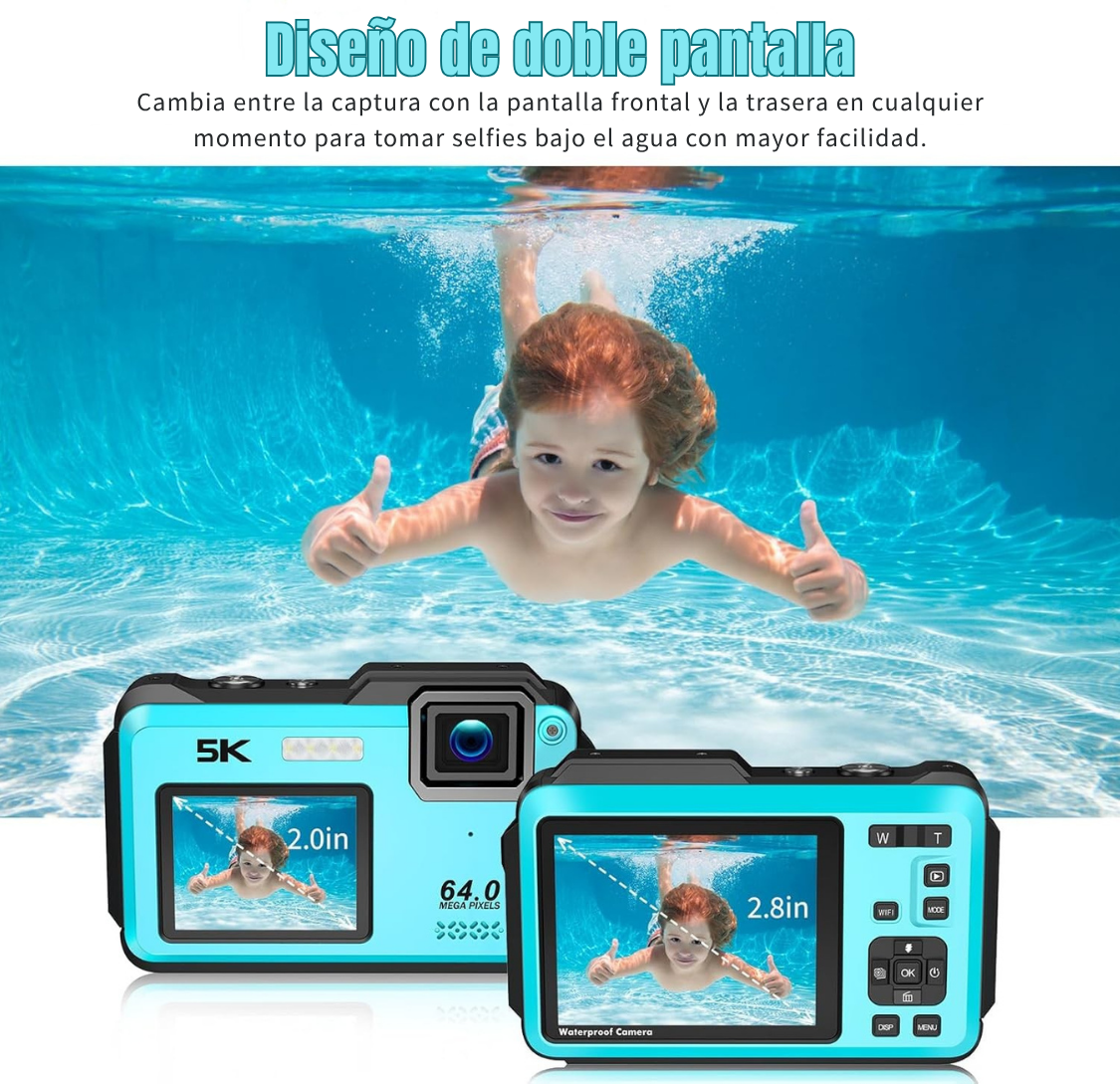 Cámara Sumergible 5K 64MP con WiFi y Doble Pantalla Zoom 16X