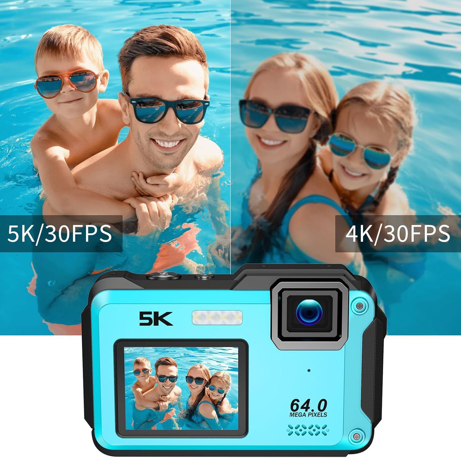 Cámara Sumergible 5K 64MP con WiFi y Doble Pantalla Zoom 16X