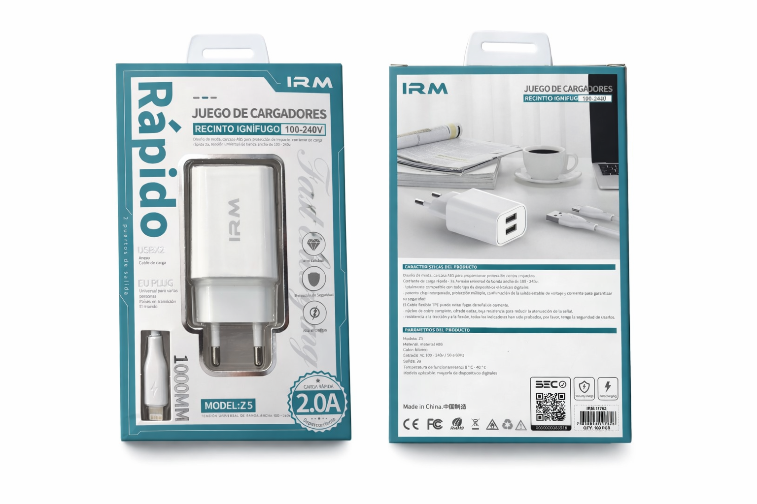 Cargador USB Doble 2.0A + Cable Lightning 1m
