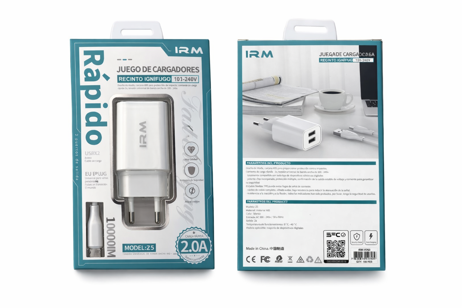 Cargador USB Doble 2.0A IRM + Cable Tipo C 1m