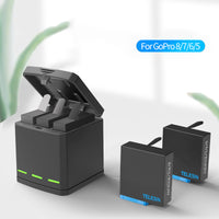 Cargador Triple + 2 Baterias para Gopro Hero 5 6 7 8 - Telesin