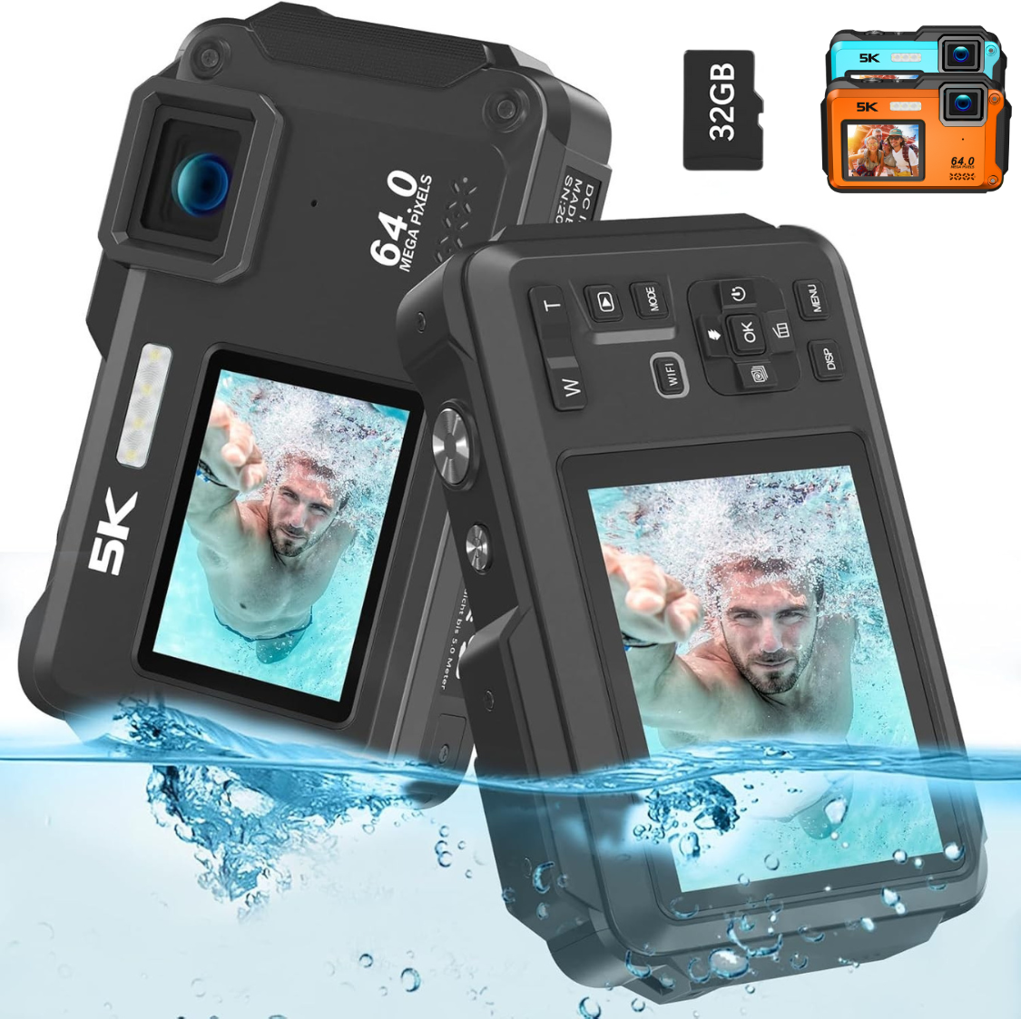 Cámara Sumergible 5K 64MP con WiFi y Doble Pantalla Zoom 16X