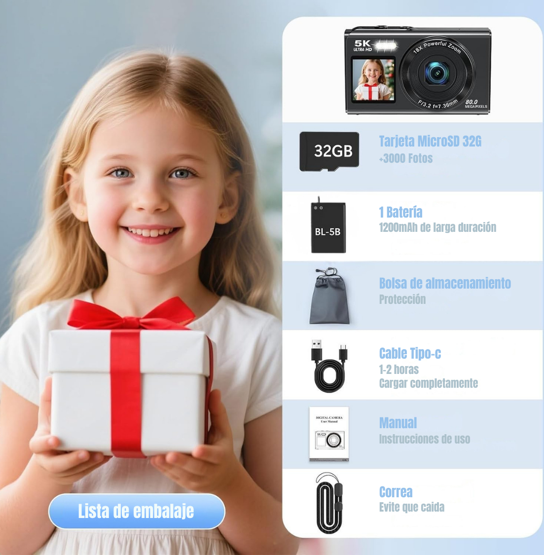 Cámara Digital Doble Pantalla 80MP 5K con Zoom 18x y WiFi