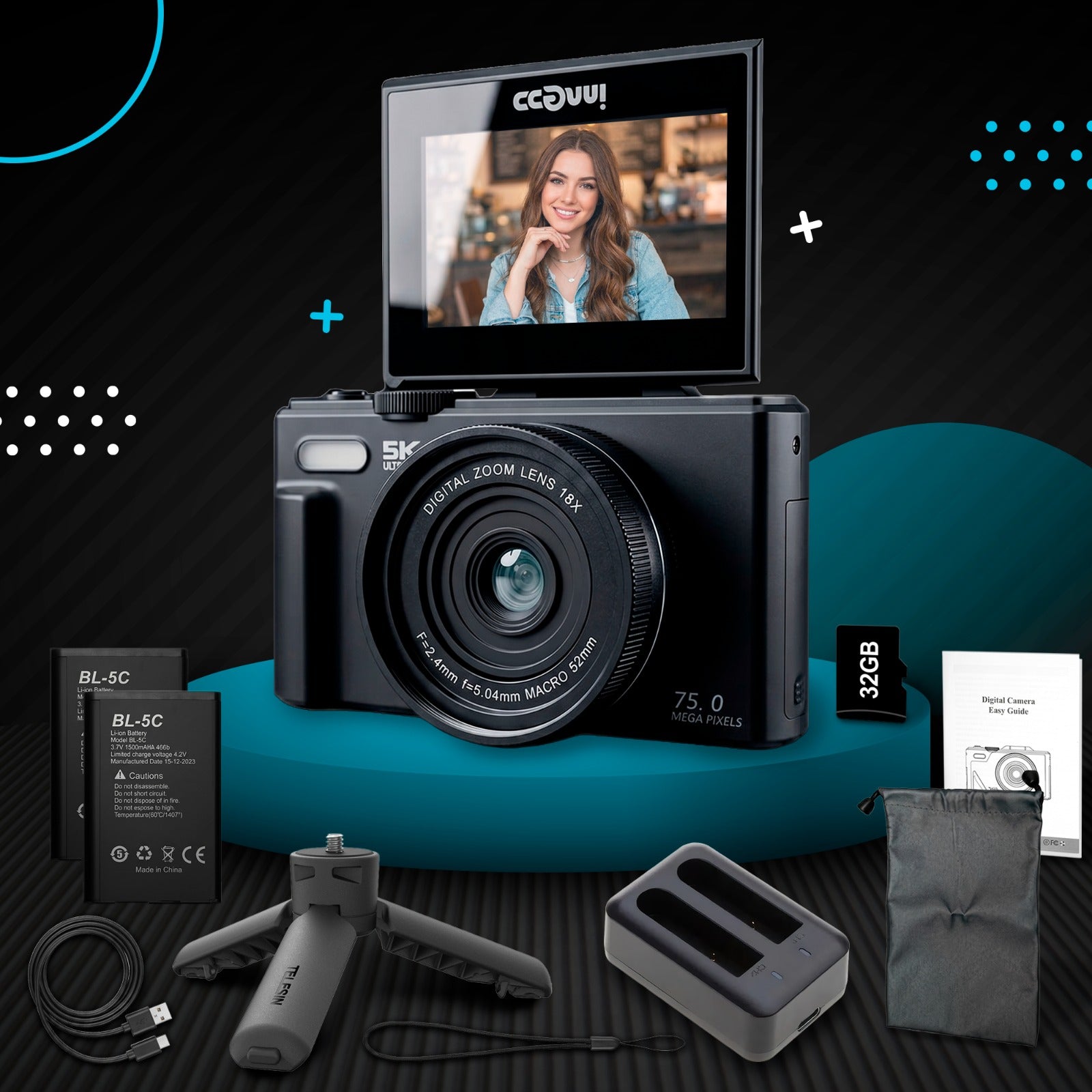 Cámara Digital 5K 75MP WiFi + Trípode + 2 Baterías + Cargador
