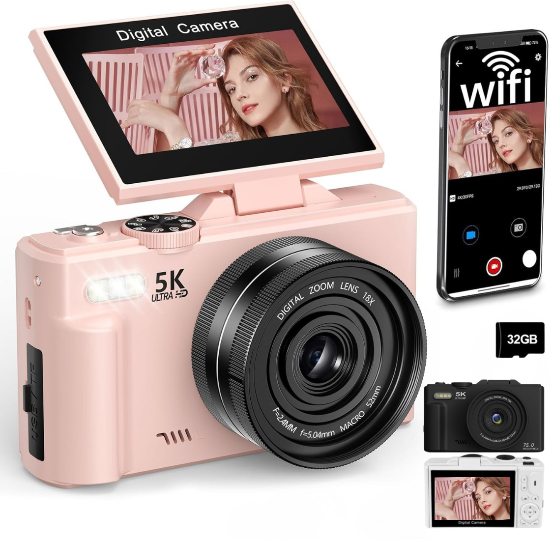 Cámara 5K Digital Fotografíca 75MP con Pantalla Giratoria - Rosado