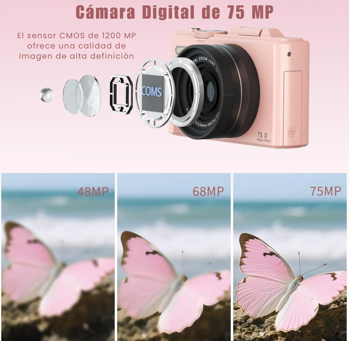 Cámara 5K Digital Fotografíca 75MP con Pantalla Giratoria - Rosado