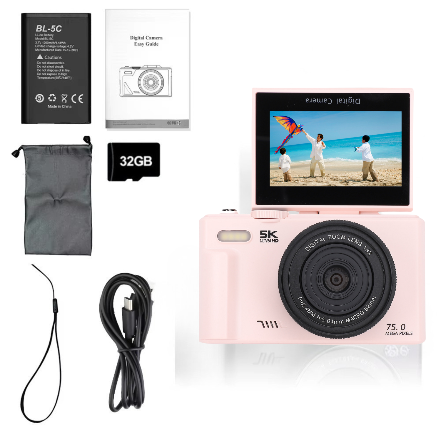 Cámara 5K Digital Fotografíca 75MP con Pantalla Giratoria - Rosado
